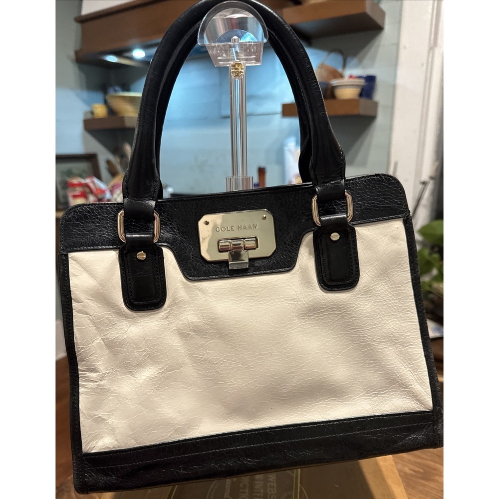 Cole Haan Black & Cream Leather Top Handle Satchel/Crossbody Bag 142977